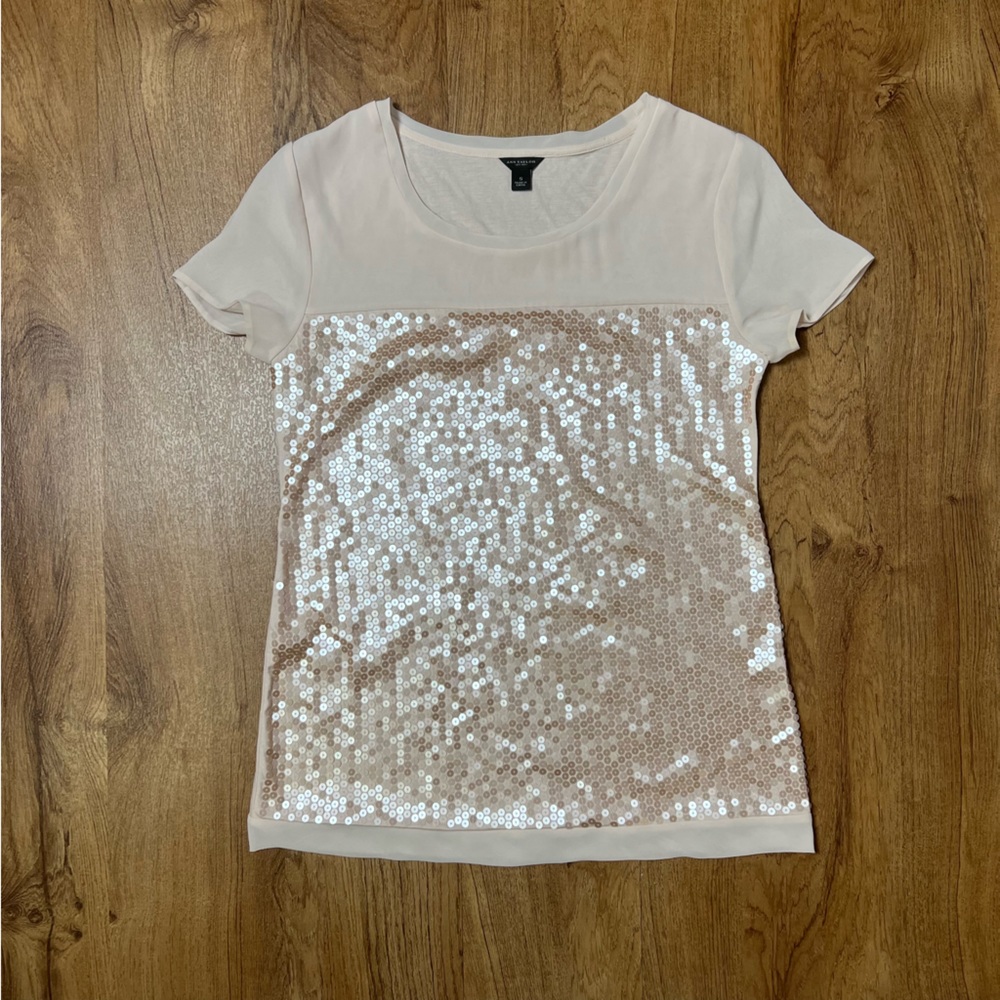 Ann Taylor Sequin Embellished Cream Top Size Small